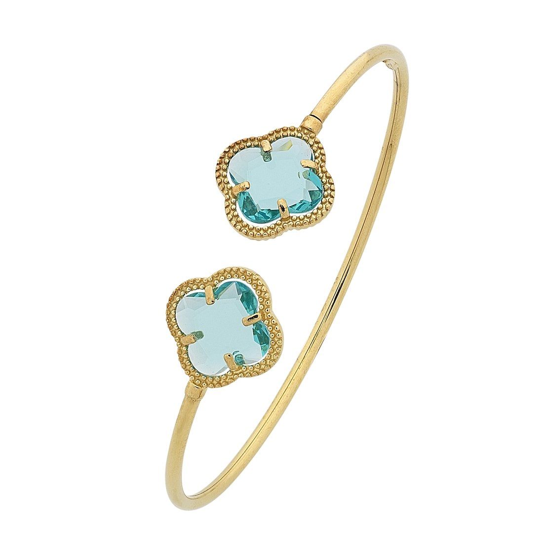 9kt Yellow Gold Leaf Clover Blue Stone Cuff Bangle - Main Image