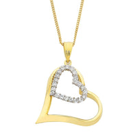 9ct Gold Silver Infused and Cubic Zirconia Double Heart Pendant Necklaces Bevilles 