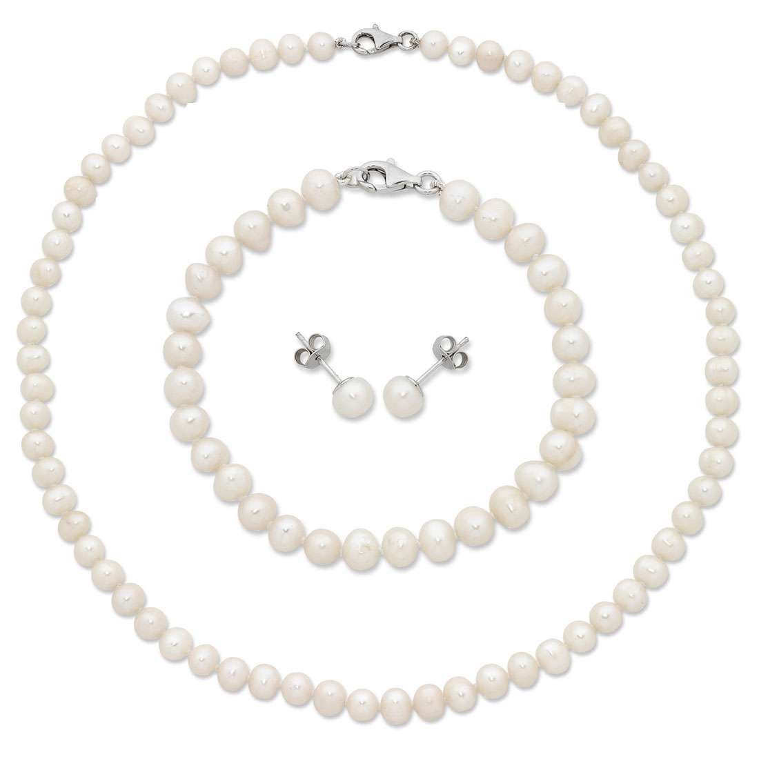 Sterling Silver White Freshwater Pearl Necklace, Bracelet and