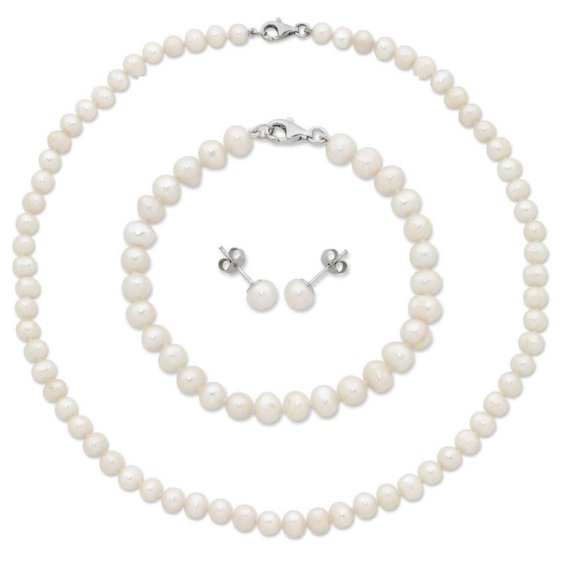 Sterling Silver White Freshwater Pearl Necklace, Bracelet and Earring Set Necklaces Bevilles 
