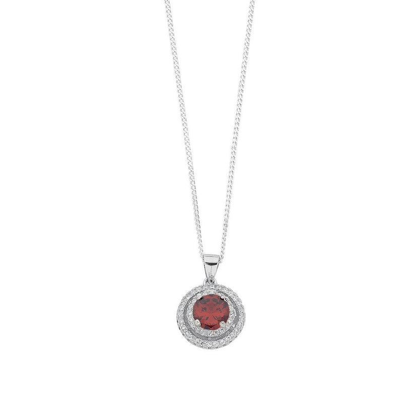 January Birthstone Sterling Silver Red Cubic Zirconia Halo Necklace Necklaces Bevilles 