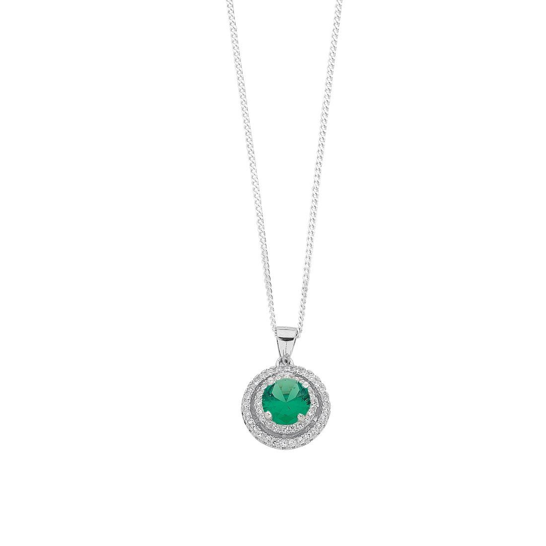 May Birthstone Sterling Silver Green Cubic Zirconia Halo Necklace Necklaces Bevilles 