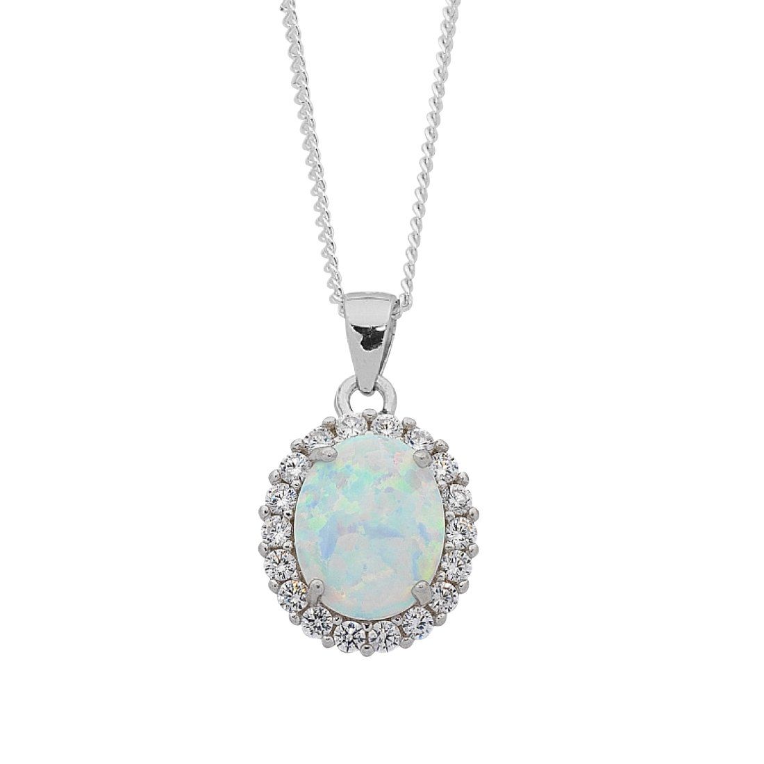 October Birthstone Sterling Silver Oval Synthetic Opal and Cubic Zirconia Necklace Necklaces Bevilles 