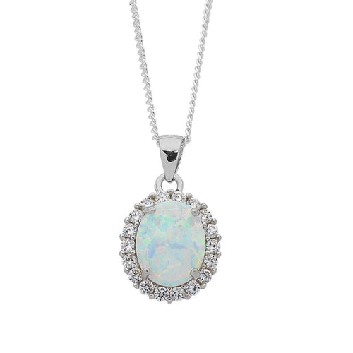 October Birthstone Sterling Silver Oval Synthetic Opal and Cubic Zirconia Necklace Necklaces Bevilles 