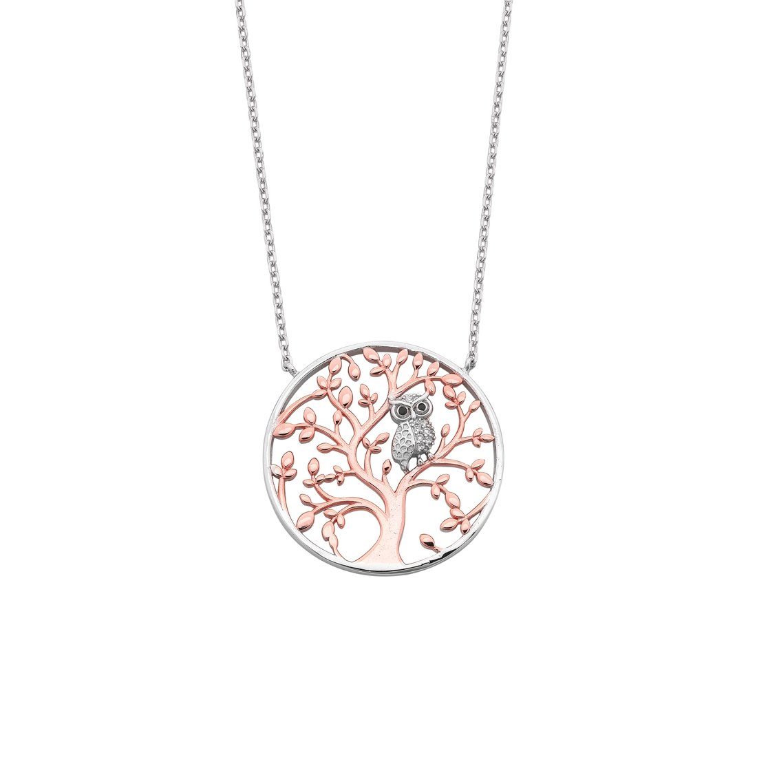 Sterling Silver Rose Plated Tree of Life with Owl Necklace Necklaces Bevilles 