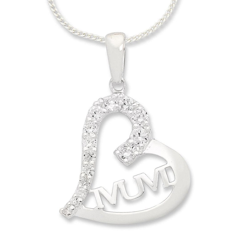 Sterling Silver White Cubic Zirconia Mum Heart Necklace Necklaces Bevilles 