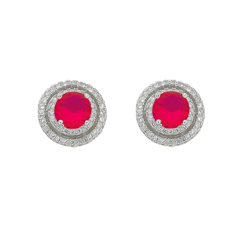 July Birthstone Sterling Silver Dark Pink Cubic Zirconia Halo Earrings Earrings Bevilles 