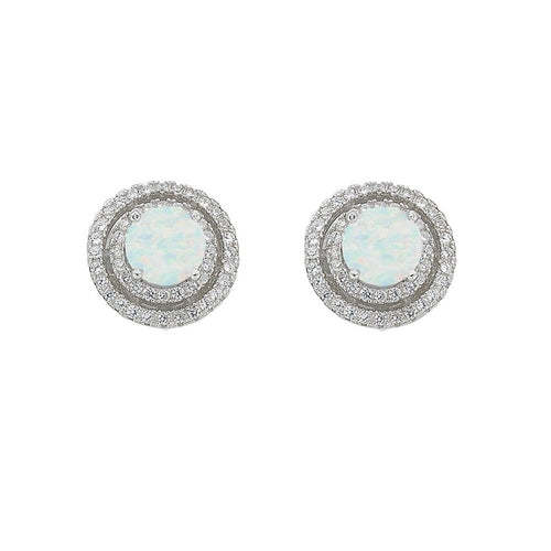 October Birthstone Sterling Silver Synthetic Opal & Cubic Zirconia Halo Earrings Earrings Bevilles 