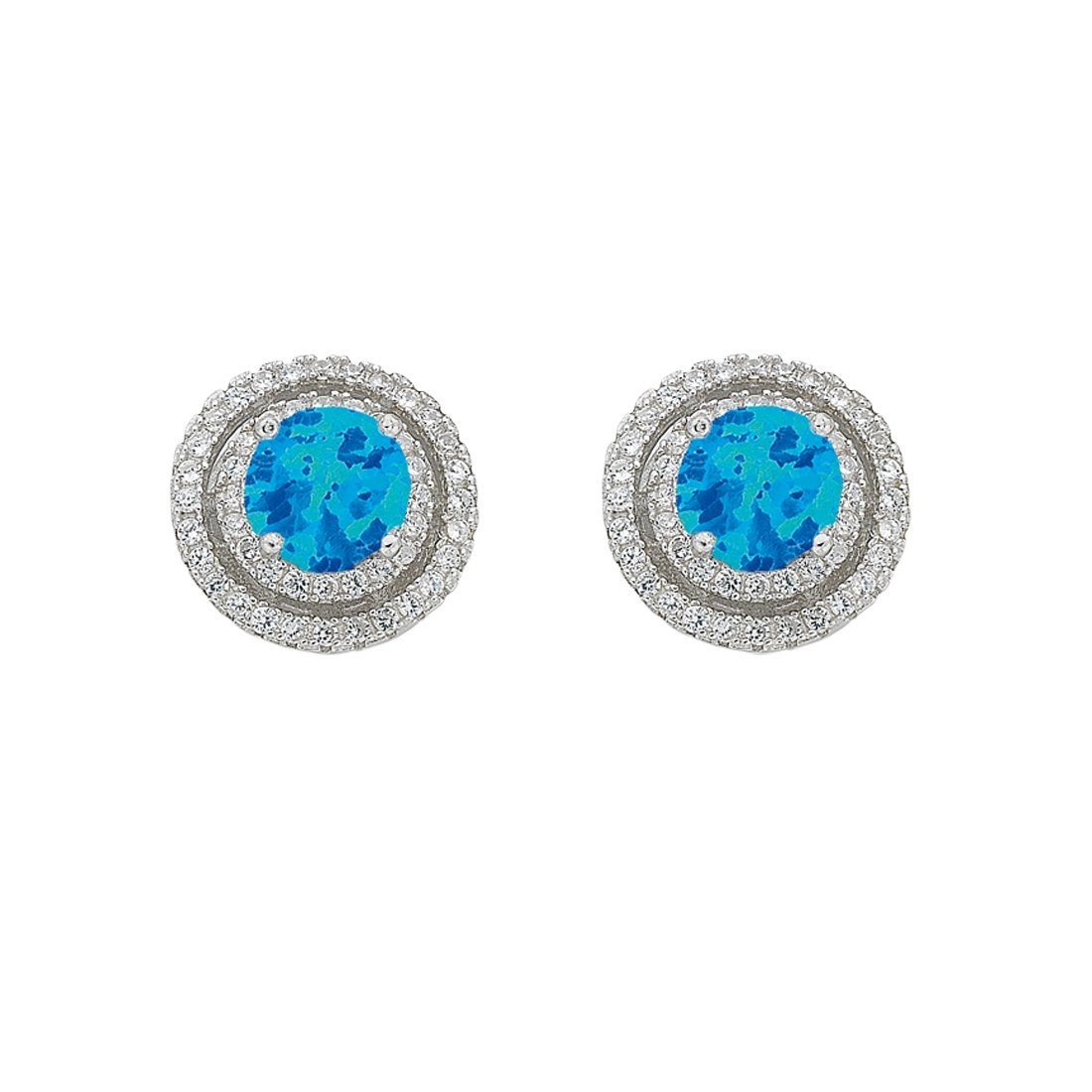 December Birthstone Sterling Silver Synthetic Blue Opal & Cubic Zirconia Halo Earrings Earrings Bevilles 