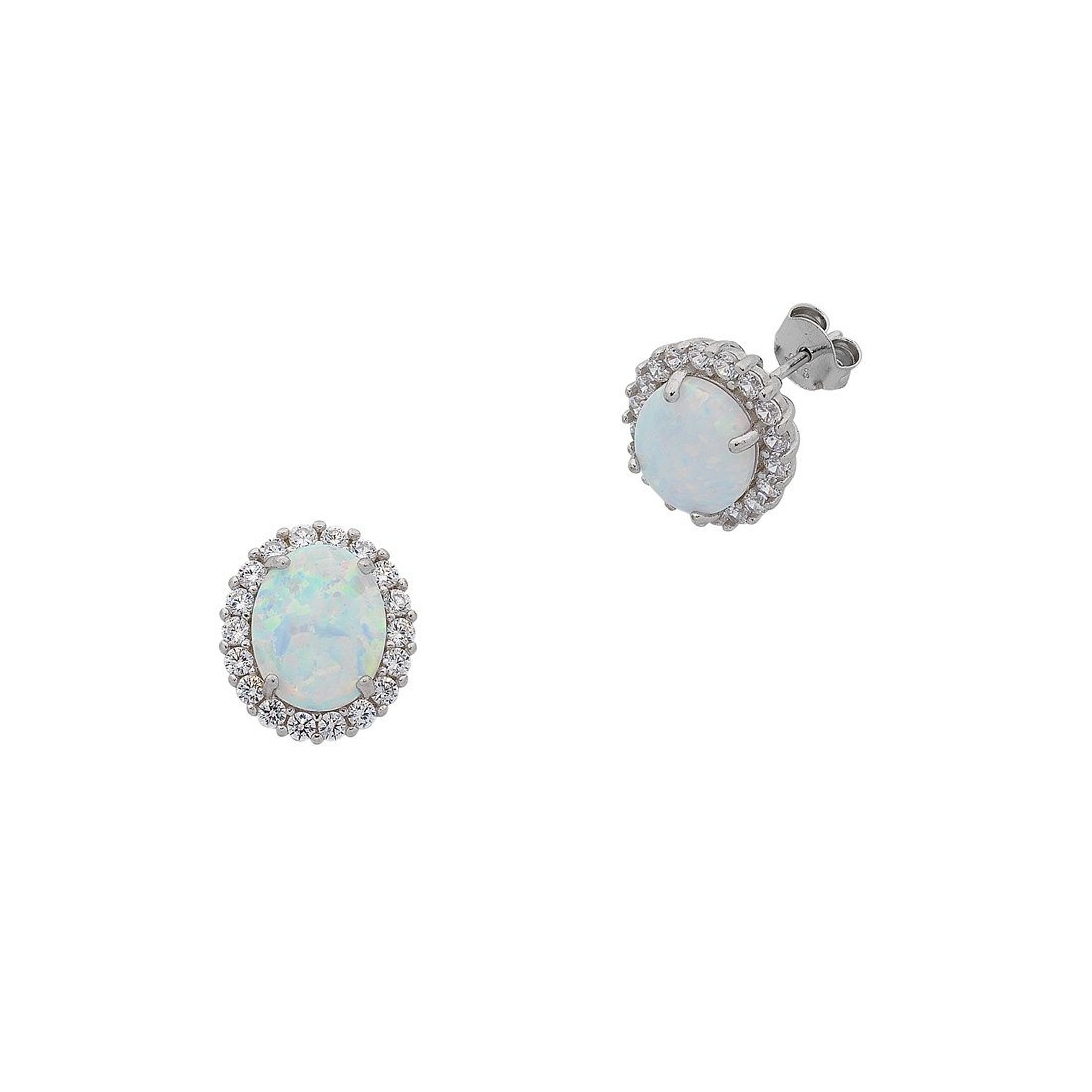 October Birthstone Sterling Silver Oval Synthetic Opal and Cubic Zirconia Earrings Earrings Bevilles 
