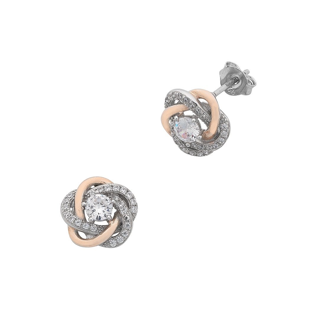 Sterling Silver Cubic Zirconia Swirl Stud Earrings with Rose Accents Earrings Bevilles 
