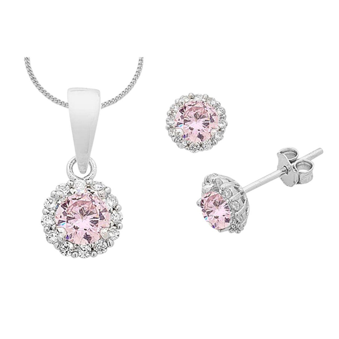 Sterling Silver Pink Curbic Zirconia Necklace and Earrings Set Necklaces Bevilles 