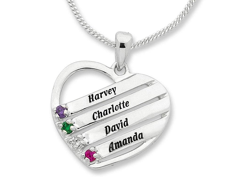 Personalised Sterling Silver Heart Shape Birthstone Name Necklace Necklaces Bevilles 