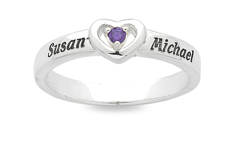 Personalised Sterling Silver Heart Birthstone Name Ring Rings Bevilles 