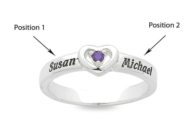 Personalised Sterling Silver Heart Birthstone Name Ring Rings Bevilles 